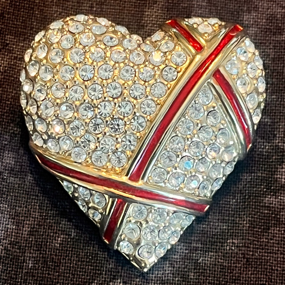 Heart Shaped Crystal Pin/Brooch with Red Accents